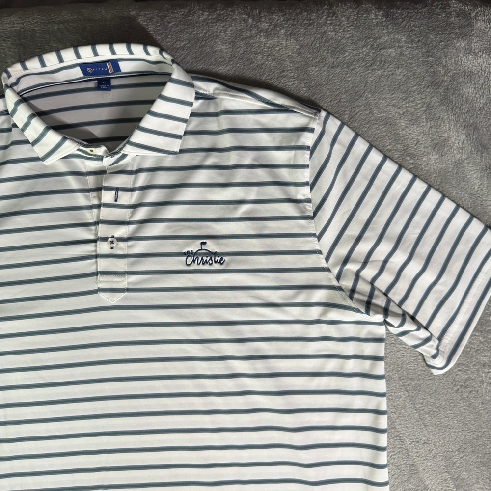 Stitch Golf Logo Polo Shirt White Blue Stripe Performance XL